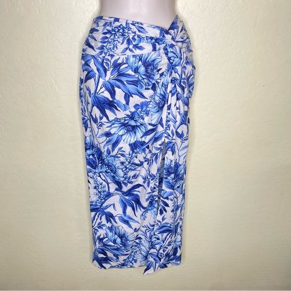 H&M Linen Blue and White Floral Midi Skirt with Slit Size 6 - Picture 5 of 16